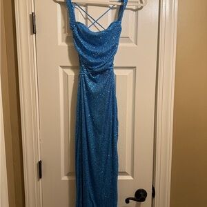 Blue Ruched Backless Prom Gown